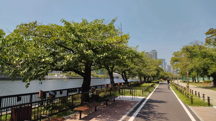 整備工事が完了し、きれいになった南天満公園の自転車道 20250829-minamitenma.jpg