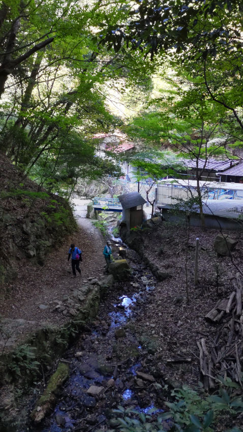 登山道の先に不動滝の行場が見えてきた 20251030-aotanimichi-fudoutaki.jpg