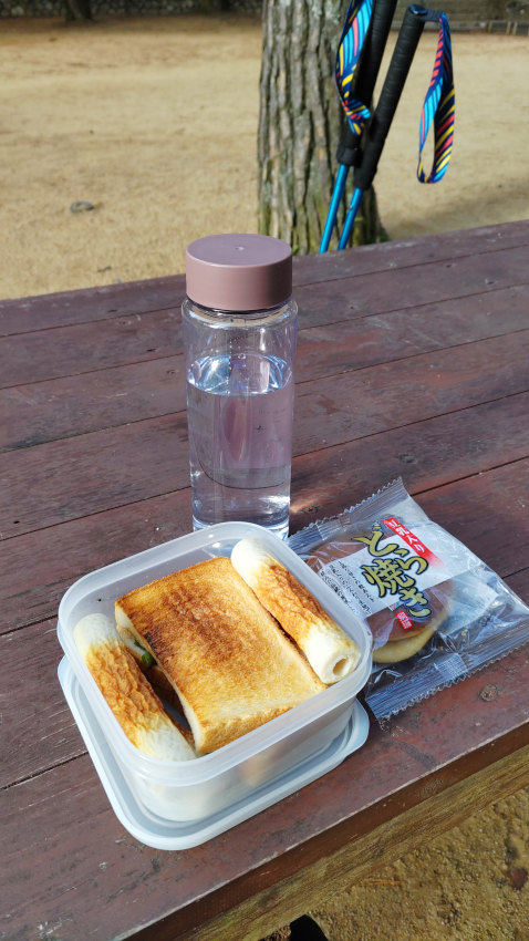 自作の昼食。インゲンのサンドイッチと焼ちくわ4本 20251111-lunch.jpg