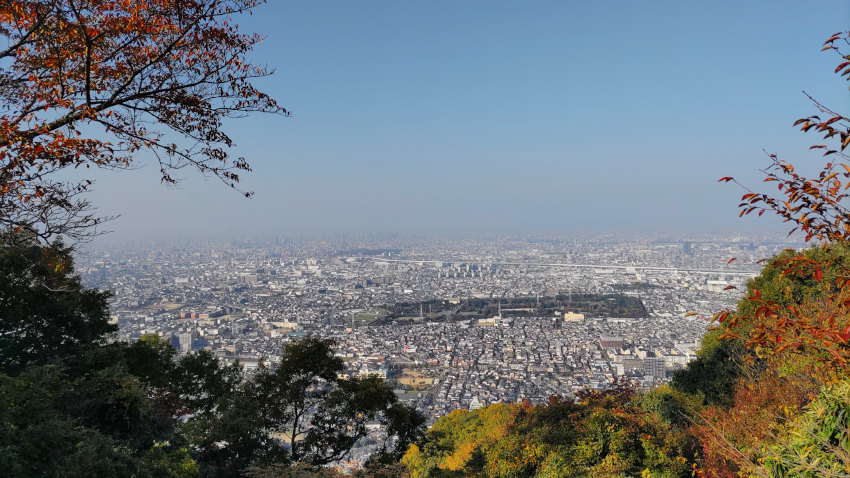 展望台の屋上からの眺め。手前の深北緑地、その向こうに鶴見緑地があり、はるか向こうの霞の中に梅田付近のビル群が見えている 20251114-iimoriyama-tenboudai-view.jpg